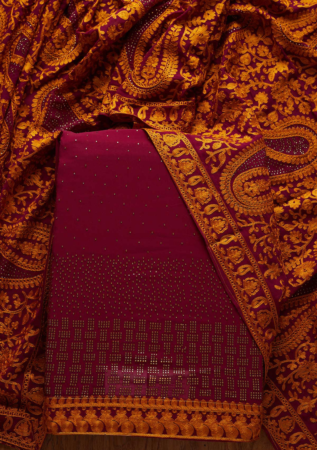 Wine Swarovski Georgette Designer Unstitched Salwar Suit - koskii