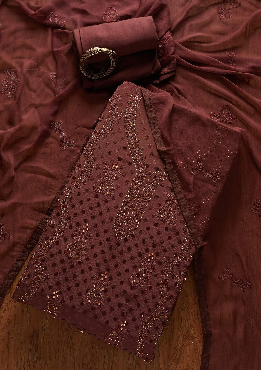 Wine Swarovski Georgette Designer Unstitched Salwar Suit - koskii