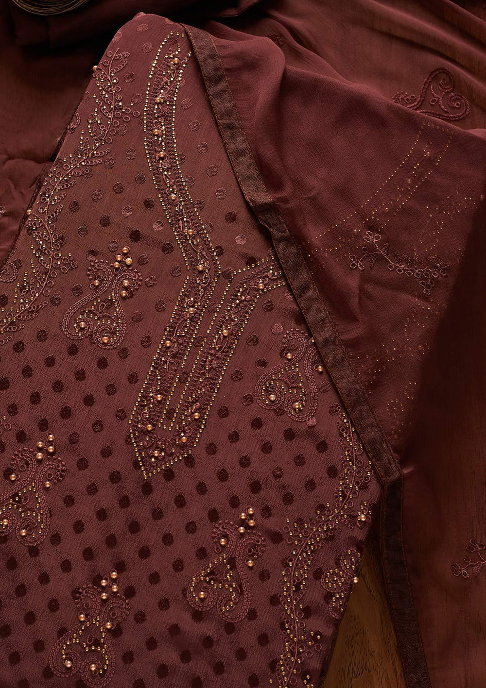 Wine Swarovski Georgette Designer Unstitched Salwar Suit - koskii