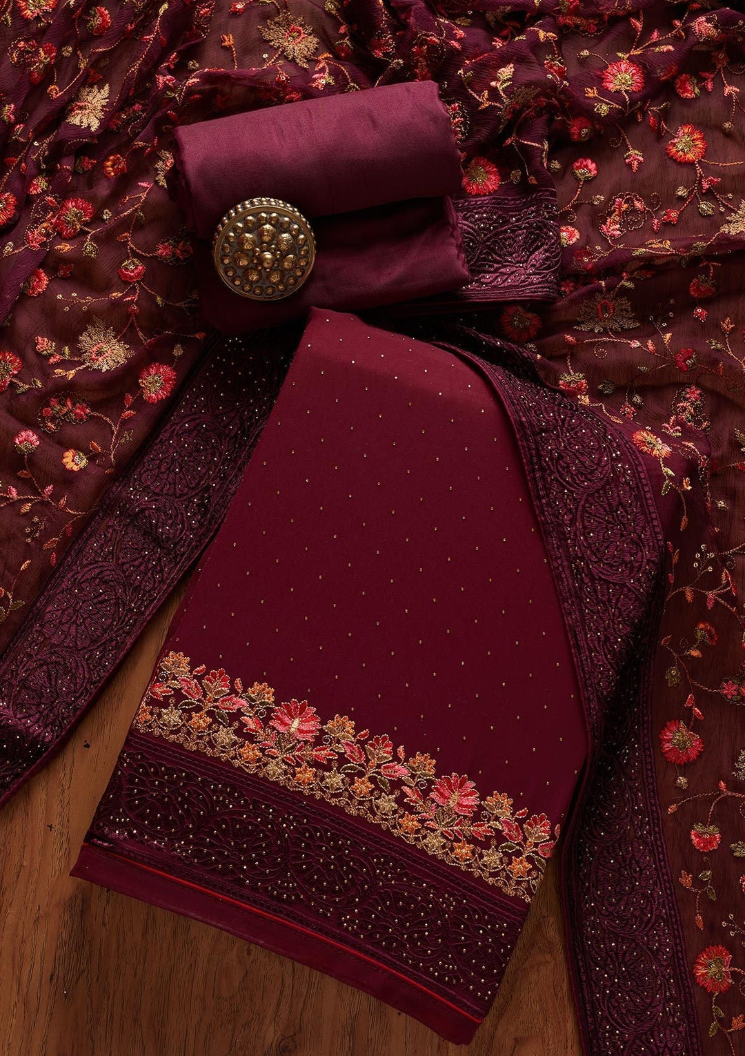 Wine Swarovski Georgette Designer Unstitched Salwar Suit - koskii