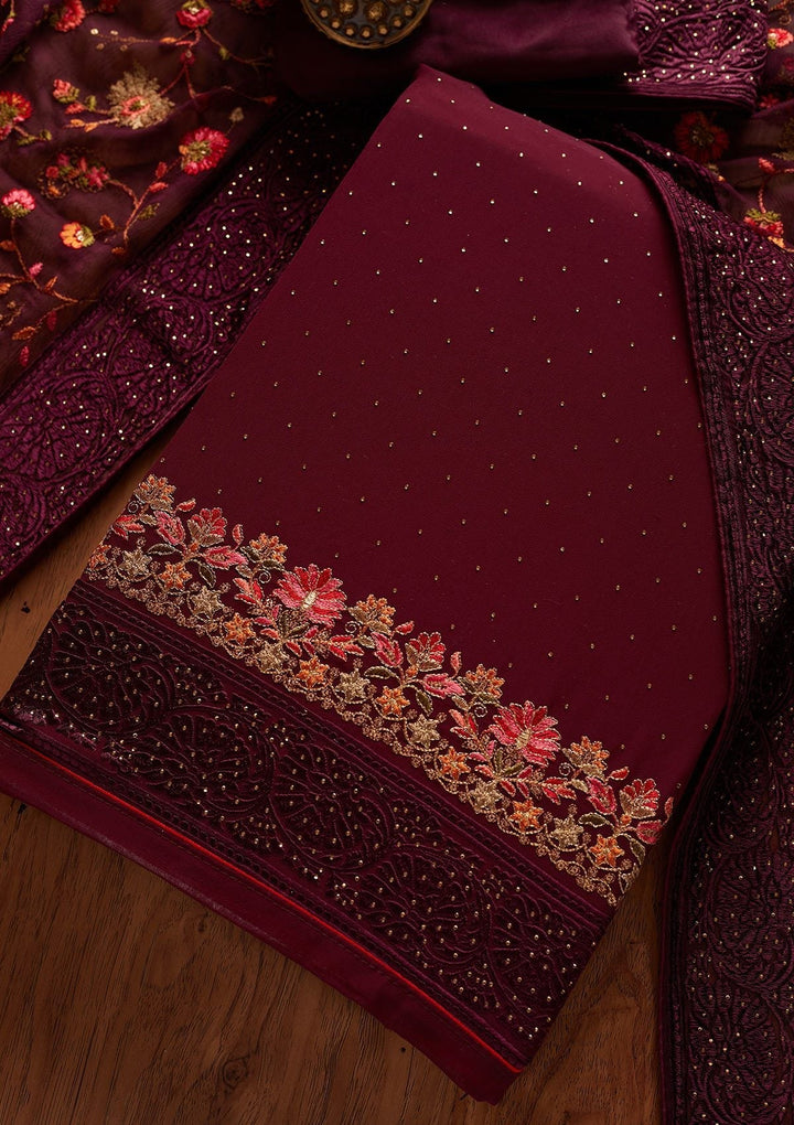 Wine Swarovski Georgette Designer Unstitched Salwar Suit - koskii
