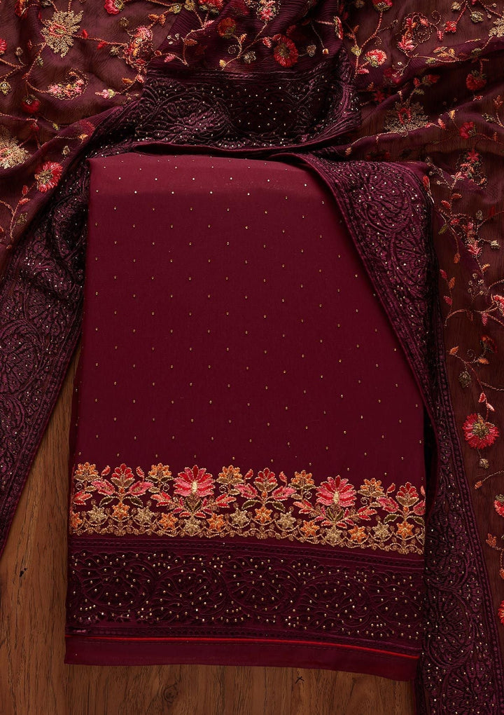 Wine Swarovski Georgette Designer Unstitched Salwar Suit - koskii