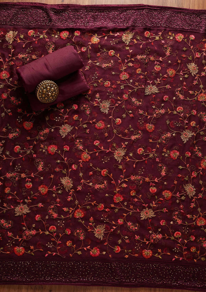 Wine Swarovski Georgette Designer Unstitched Salwar Suit - koskii