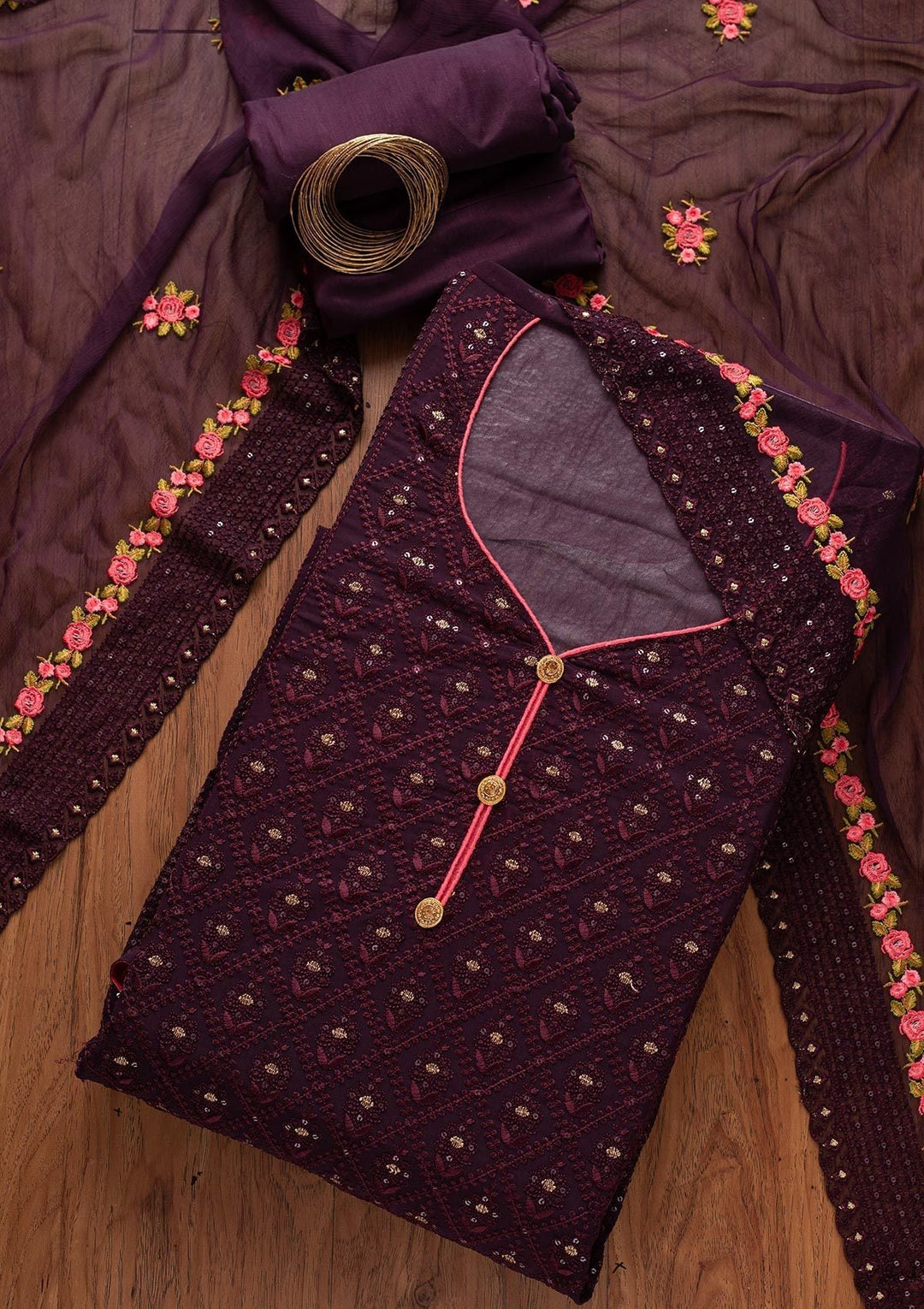 Wine Swarovski Georgette Designer Semi-Stitched Salwar Suit - koskii