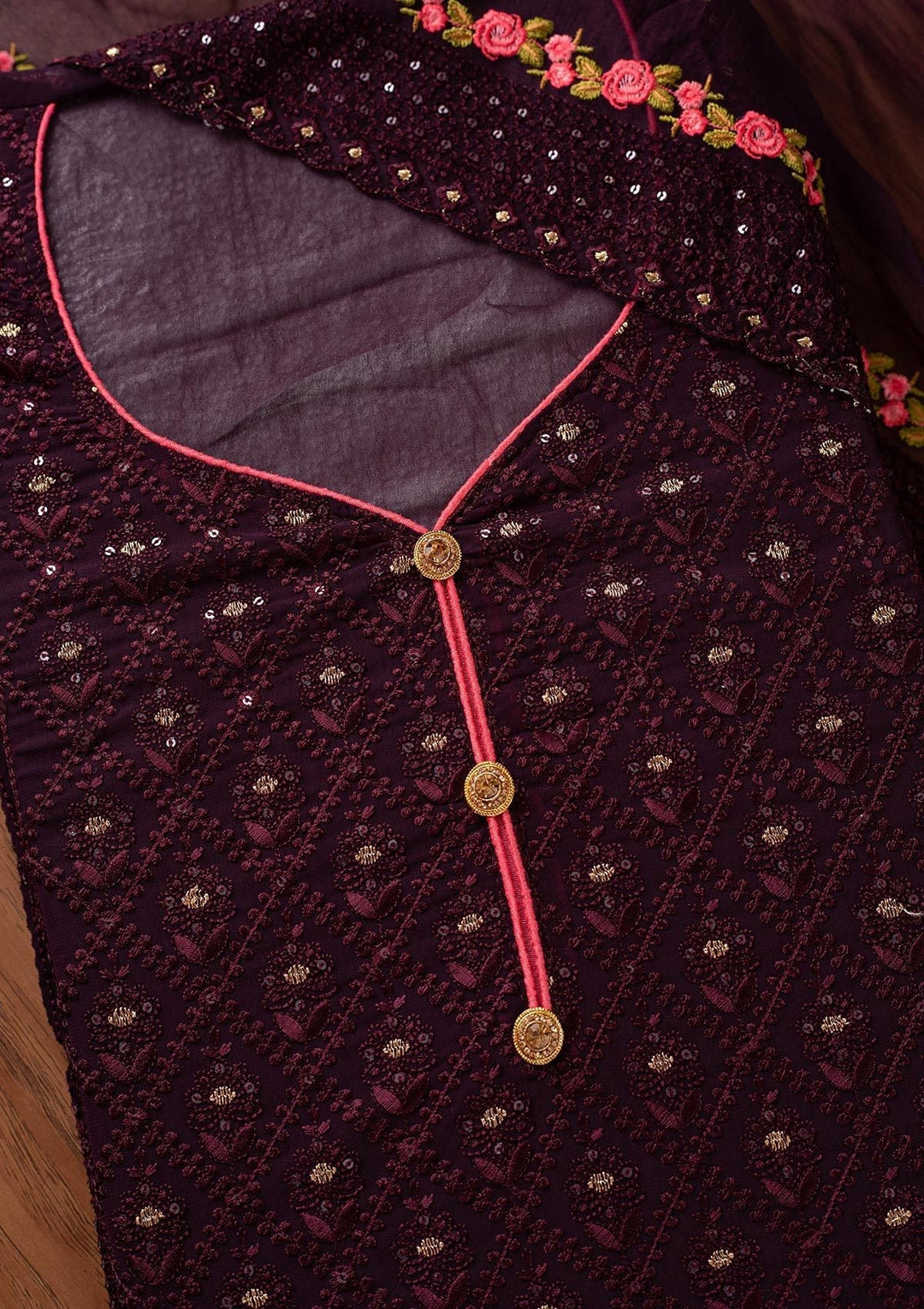 Wine Swarovski Georgette Designer Semi-Stitched Salwar Suit - koskii