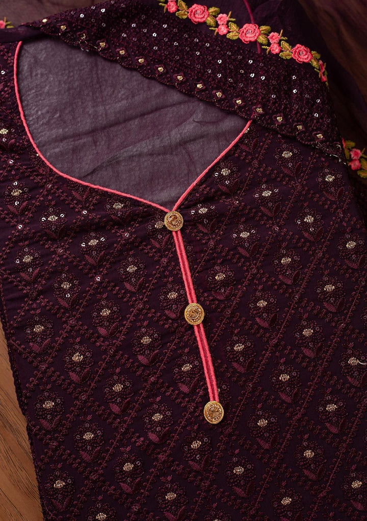 Wine Swarovski Georgette Designer Semi-Stitched Salwar Suit - koskii
