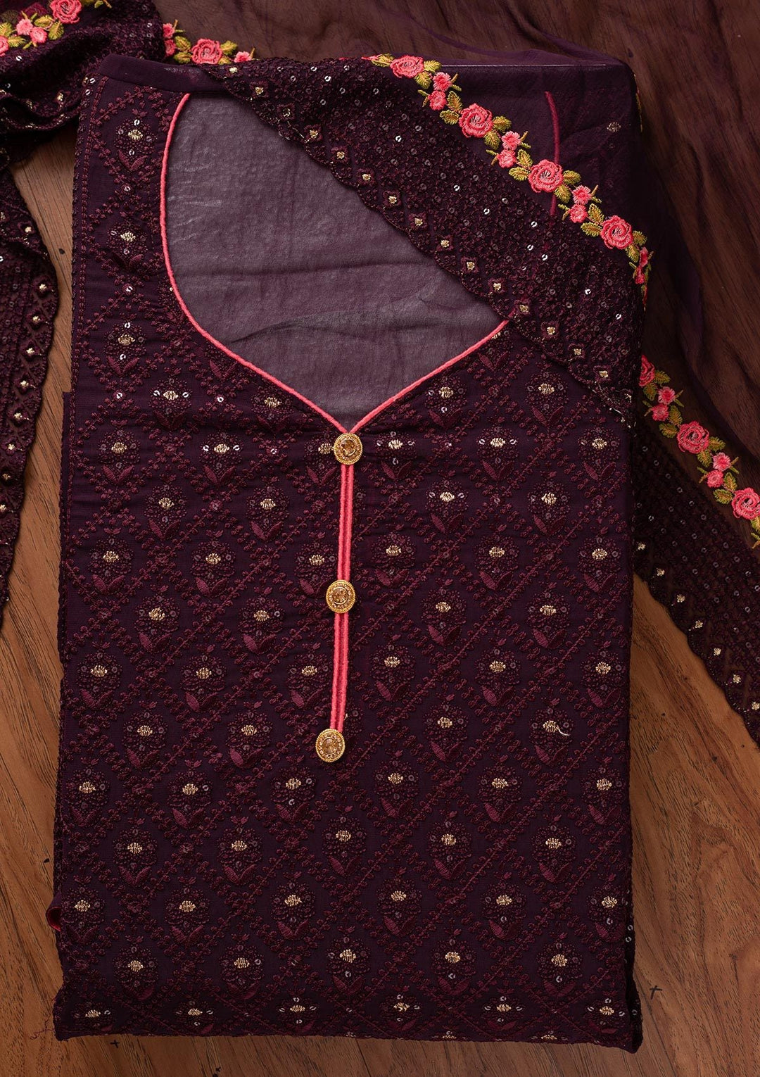 Wine Swarovski Georgette Designer Semi-Stitched Salwar Suit - koskii