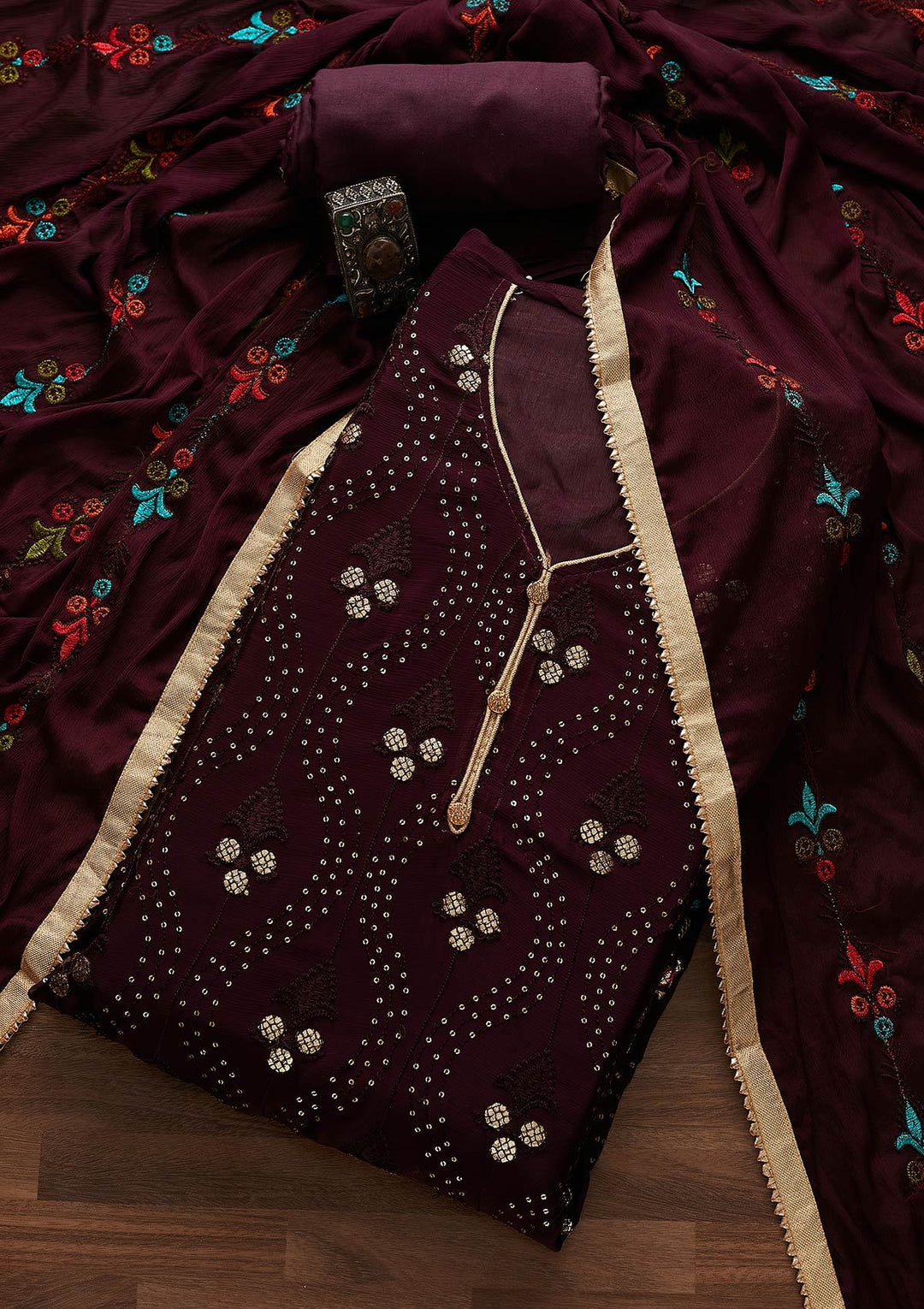 Wine Swarovski Georgette Designer Unstitched Salwar Suit - Koskii