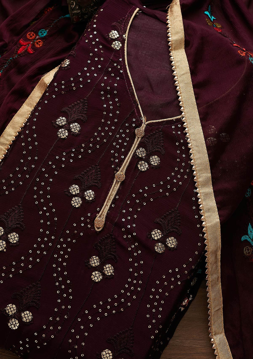 Wine Swarovski Georgette Designer Unstitched Salwar Suit - Koskii