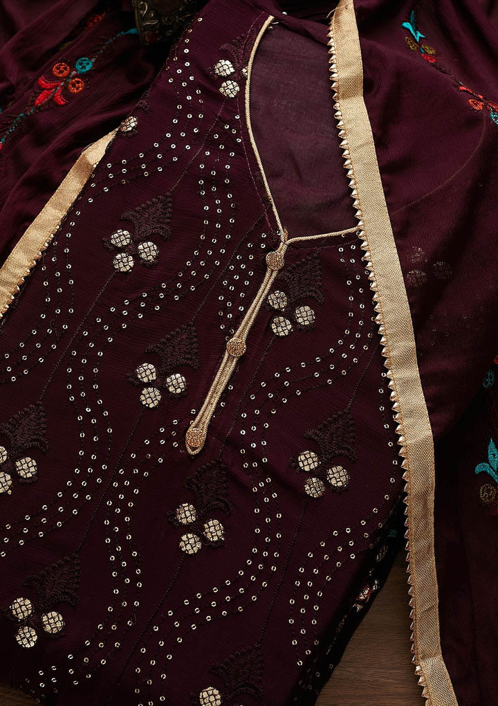 Wine Swarovski Georgette Designer Unstitched Salwar Suit - Koskii