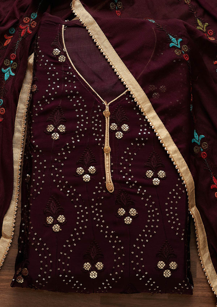 Wine Swarovski Georgette Designer Unstitched Salwar Suit - Koskii