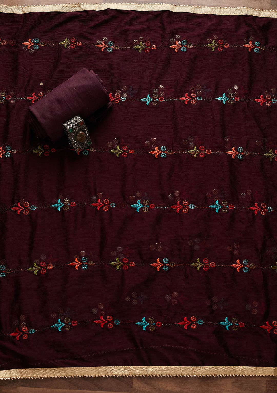 Wine Swarovski Georgette Designer Unstitched Salwar Suit - Koskii