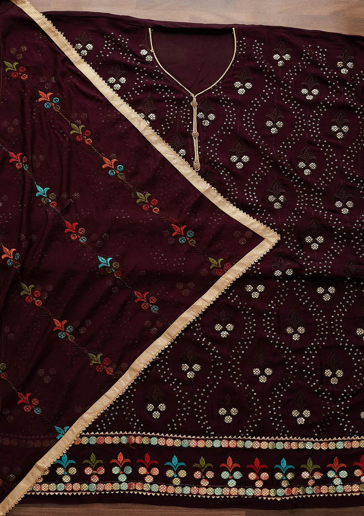 Wine Swarovski Georgette Designer Unstitched Salwar Suit - Koskii