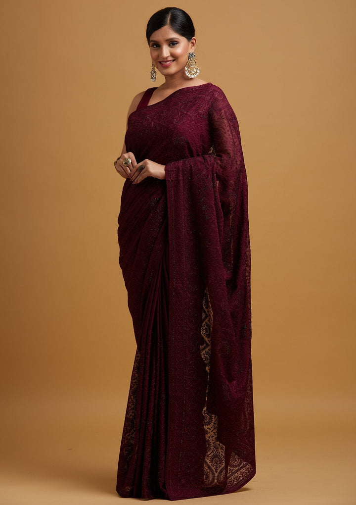 Wine Swarovski Georgette Designer Saree - koskii