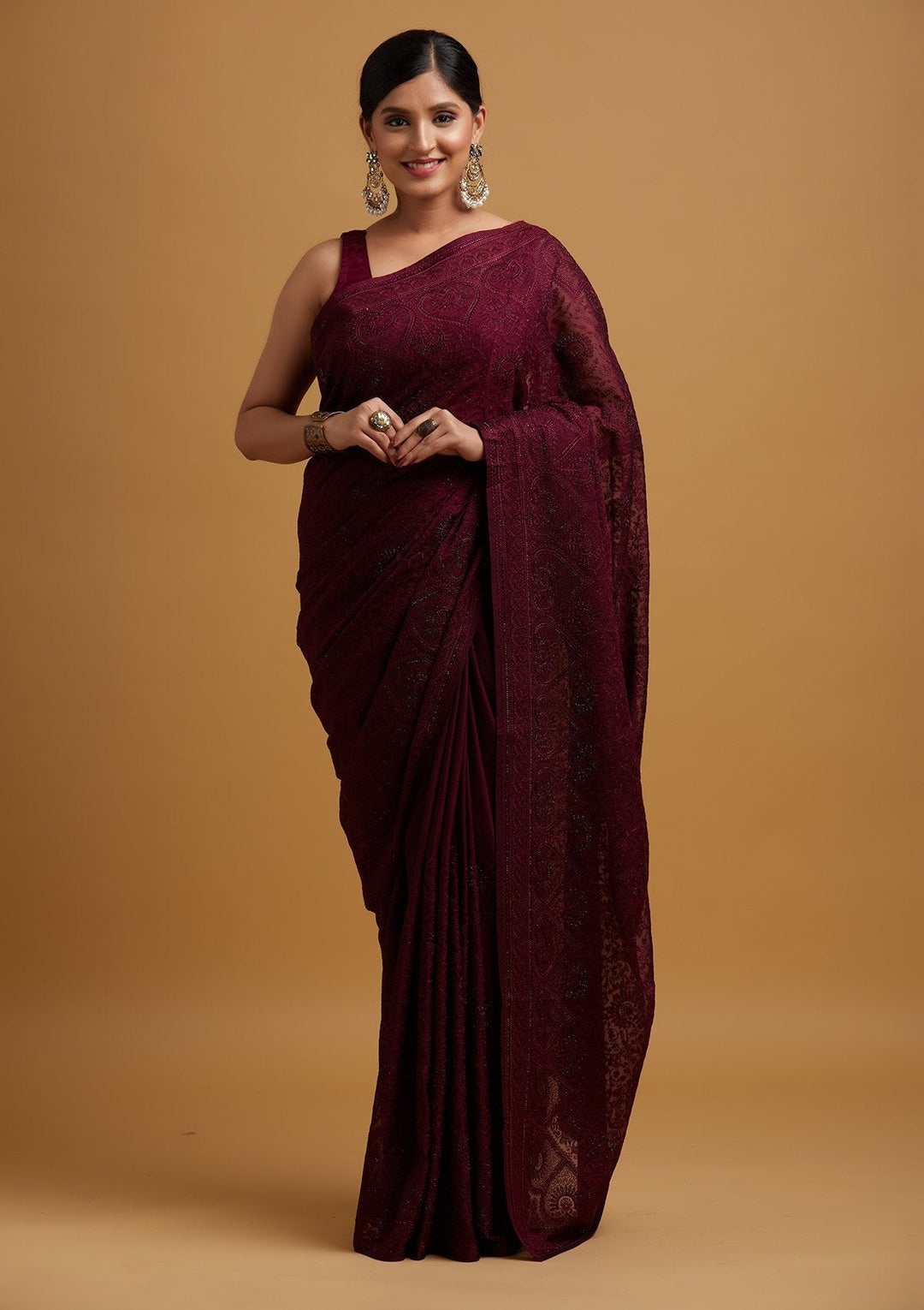 Wine Swarovski Georgette Designer Saree - koskii