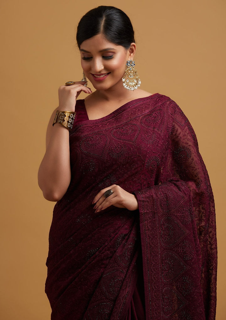 Wine Swarovski Georgette Designer Saree - koskii