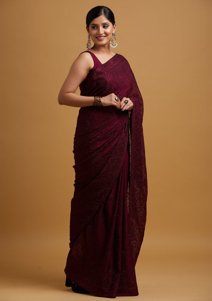 Wine Swarovski Georgette Designer Saree - koskii