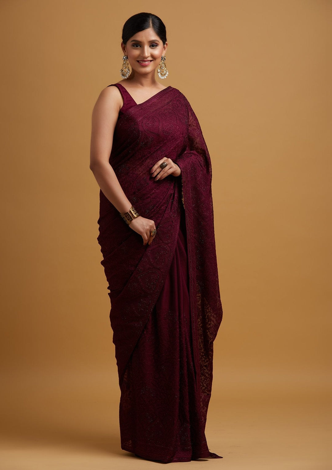 Wine Swarovski Georgette Designer Saree - koskii