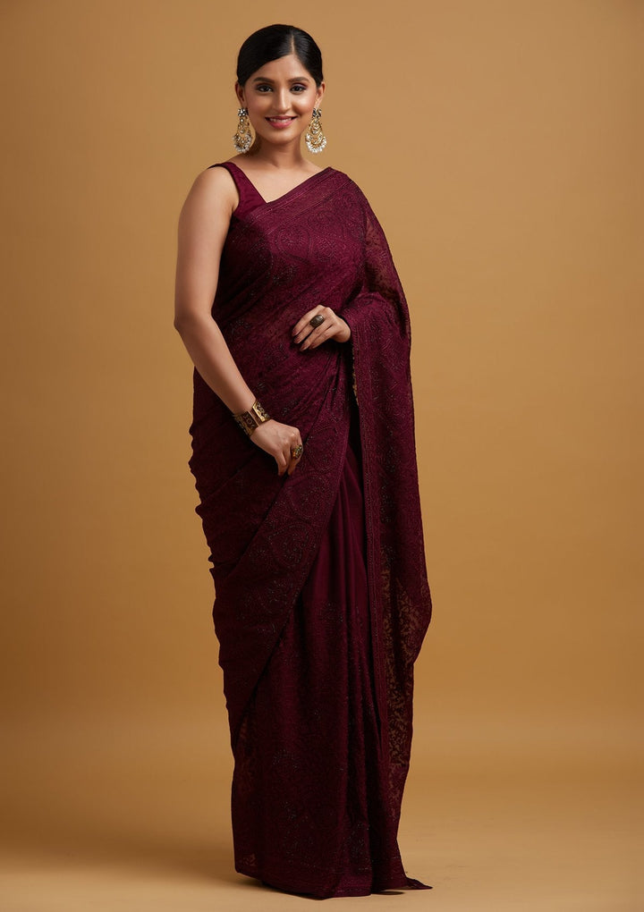 Wine Swarovski Georgette Designer Saree - koskii