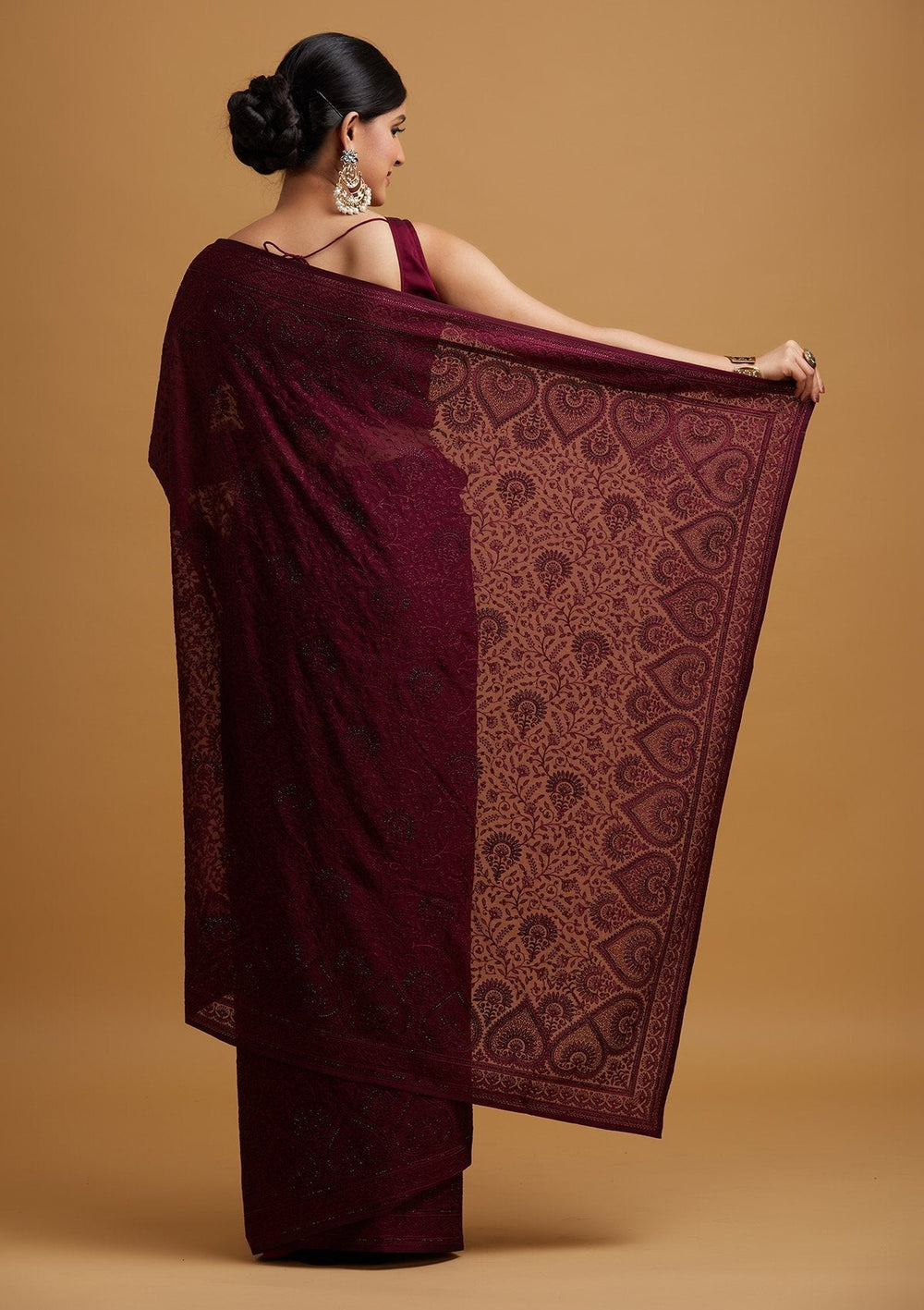 Wine Swarovski Georgette Designer Saree - koskii