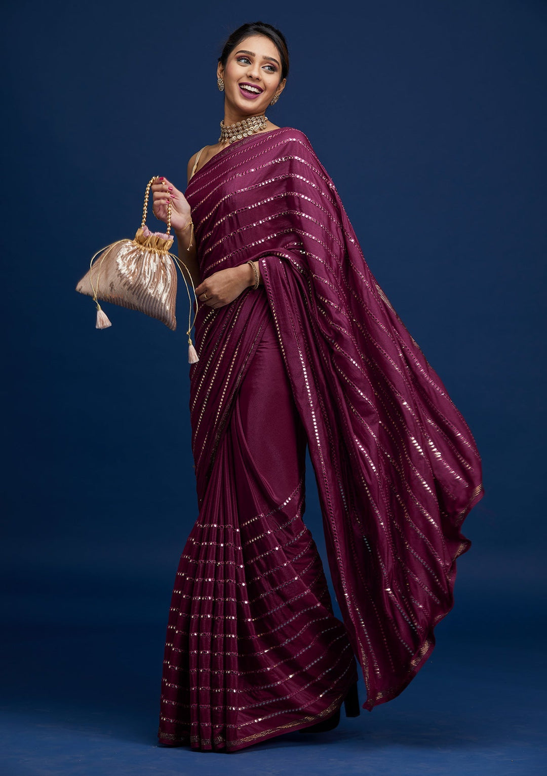 Wine Swarovski Georgette Saree- Koskii