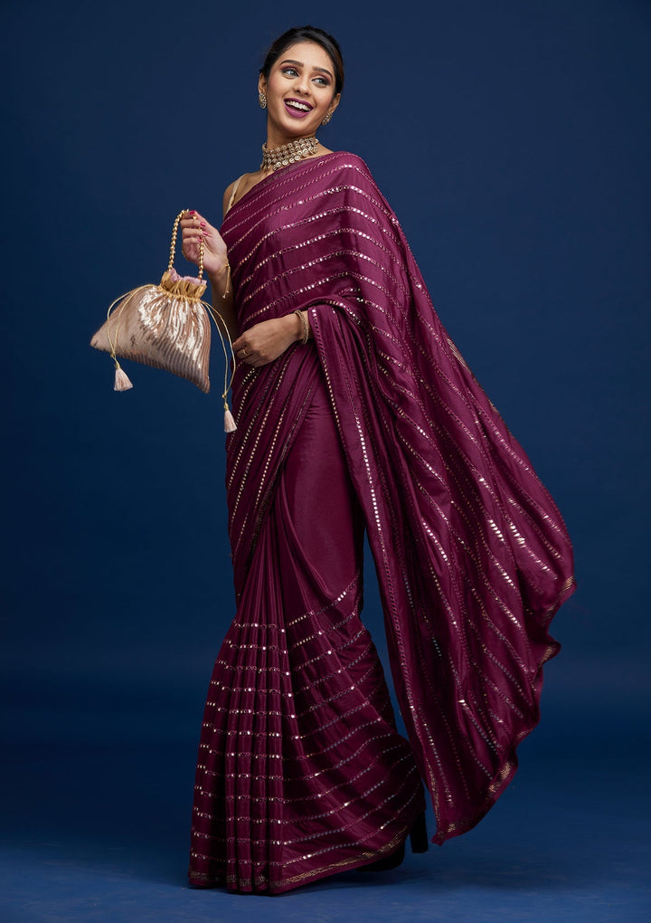 Wine Swarovski Georgette Saree- Koskii