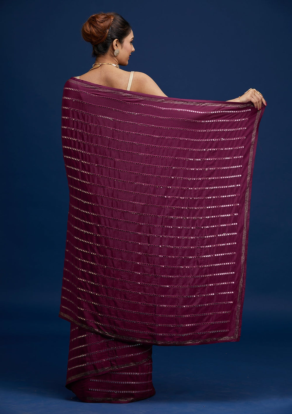 Wine Swarovski Georgette Saree - Koskii