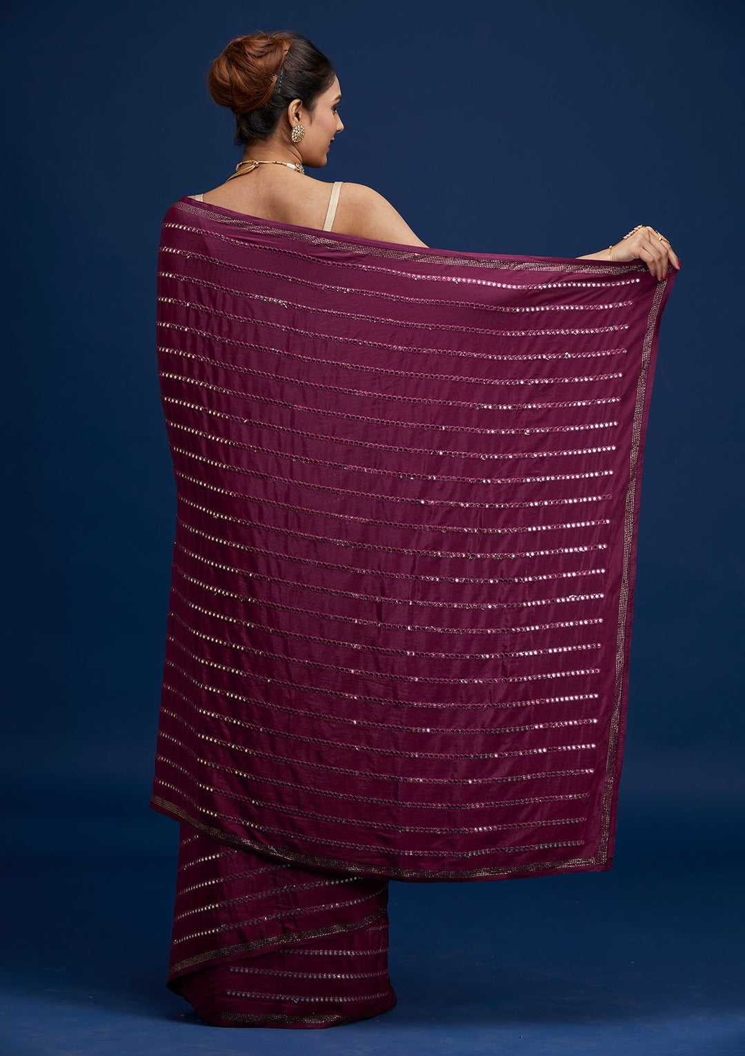 Wine Swarovski Georgette Saree - Koskii