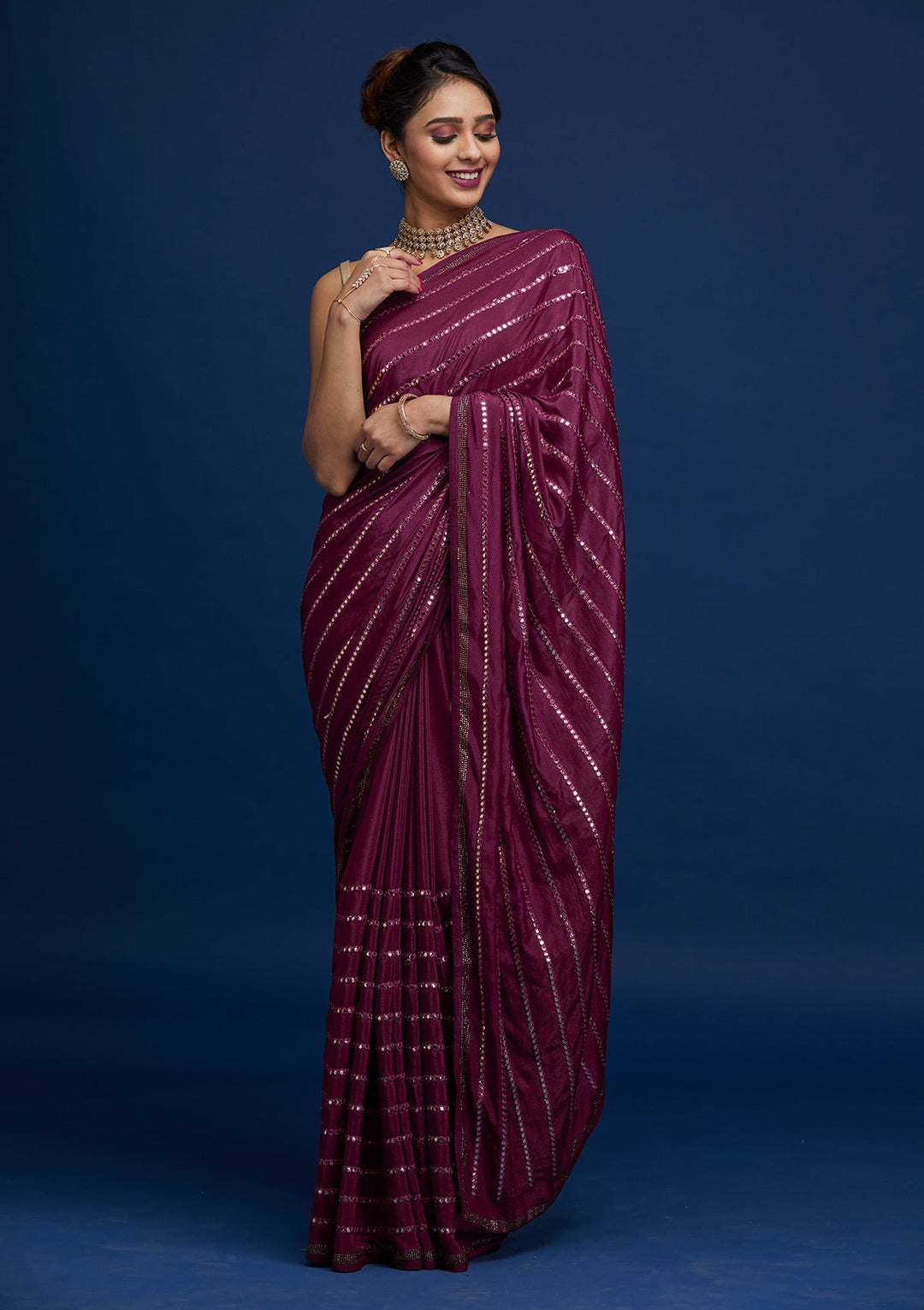 Wine Swarovski Georgette Saree - Koskii