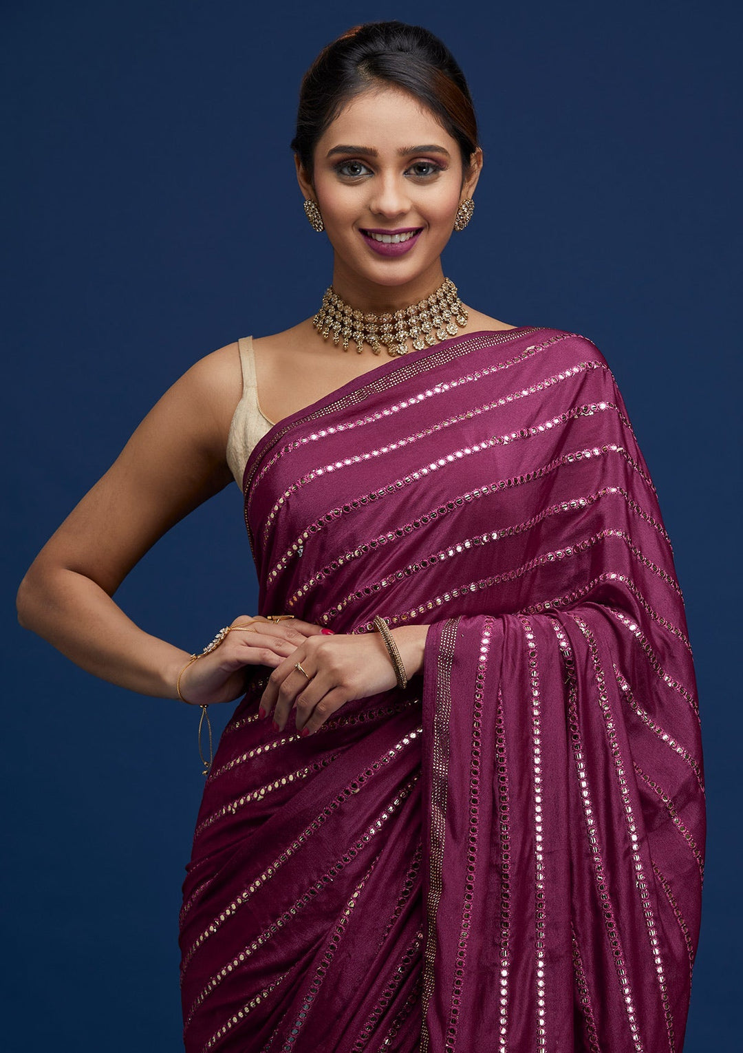 Wine Swarovski Georgette Saree - Koskii