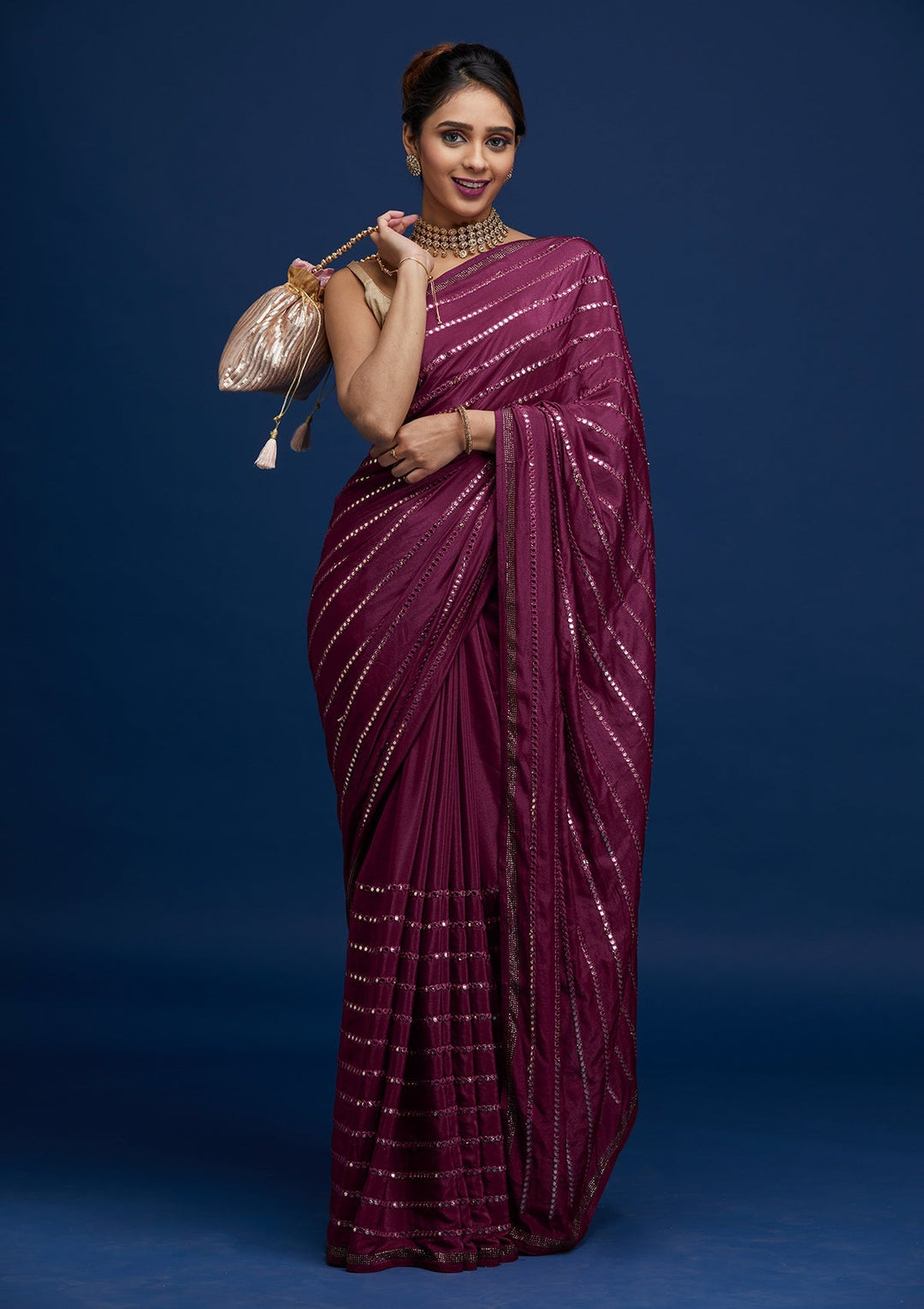 Wine Swarovski Georgette Saree - Koskii