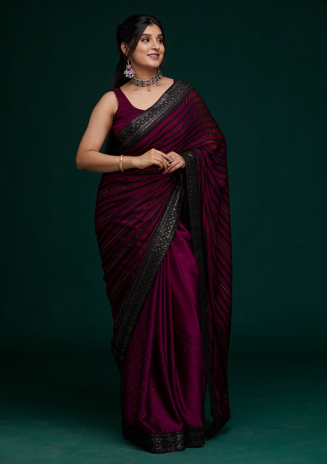 Wine Swarovski Georgette Saree - Koskii
