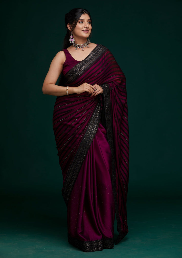 Wine Swarovski Georgette Saree - Koskii