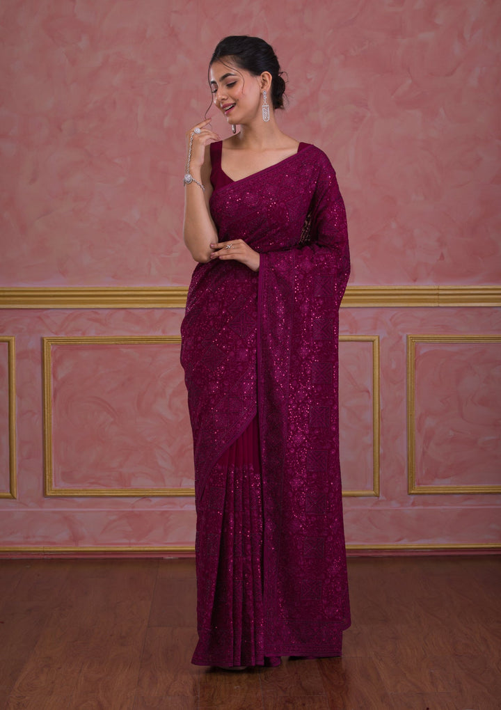 Wine Swarovski Georgette Saree-Koskii