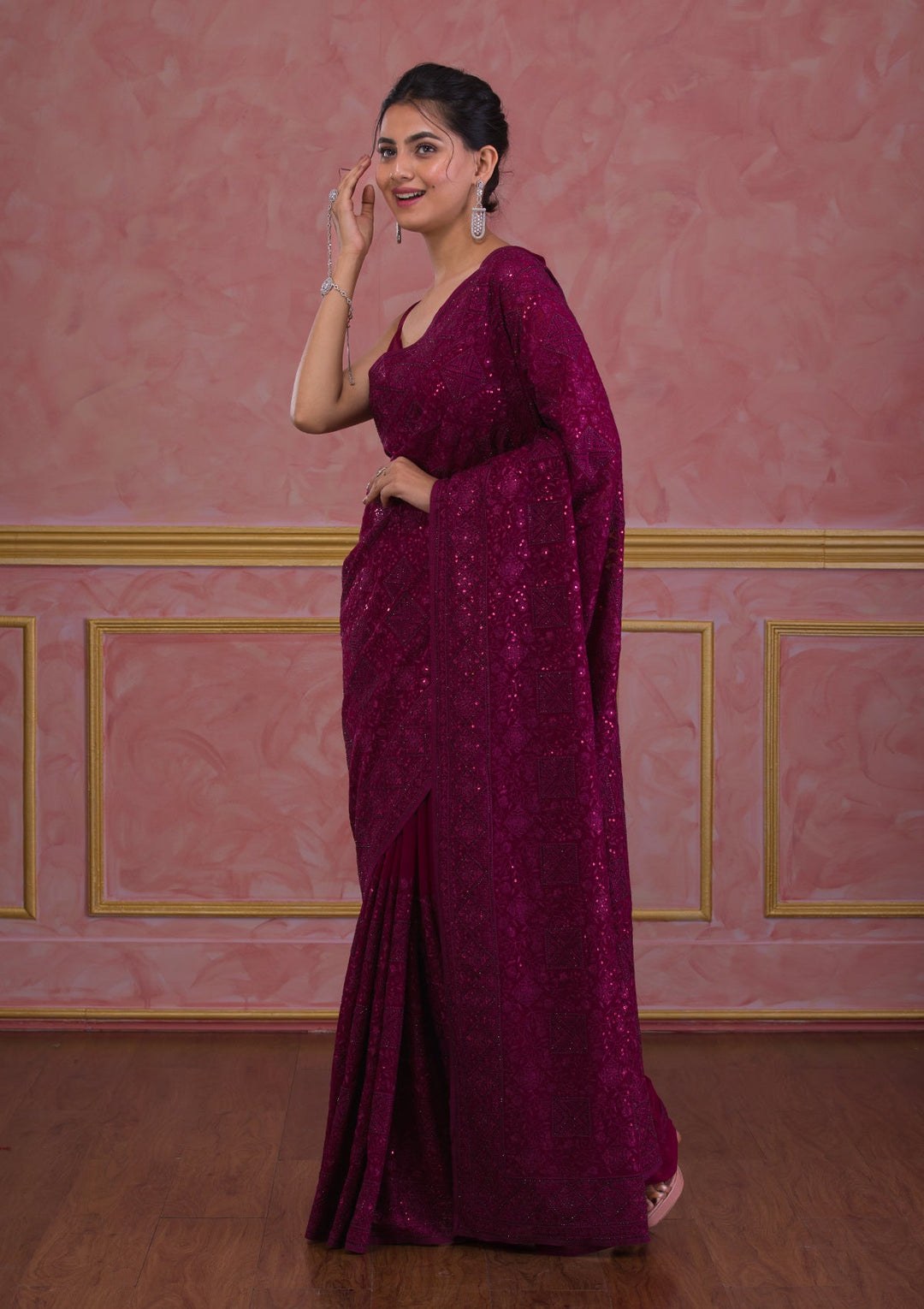 Wine Swarovski Georgette Saree-Koskii