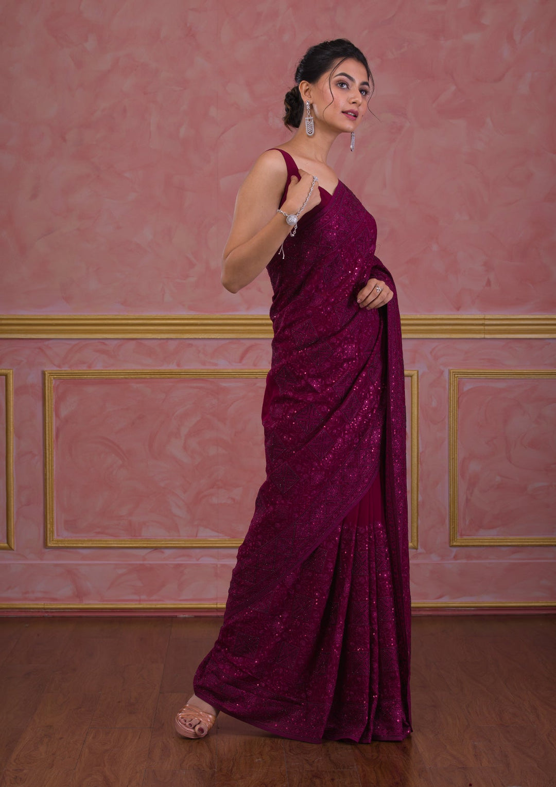 Wine Swarovski Georgette Saree-Koskii