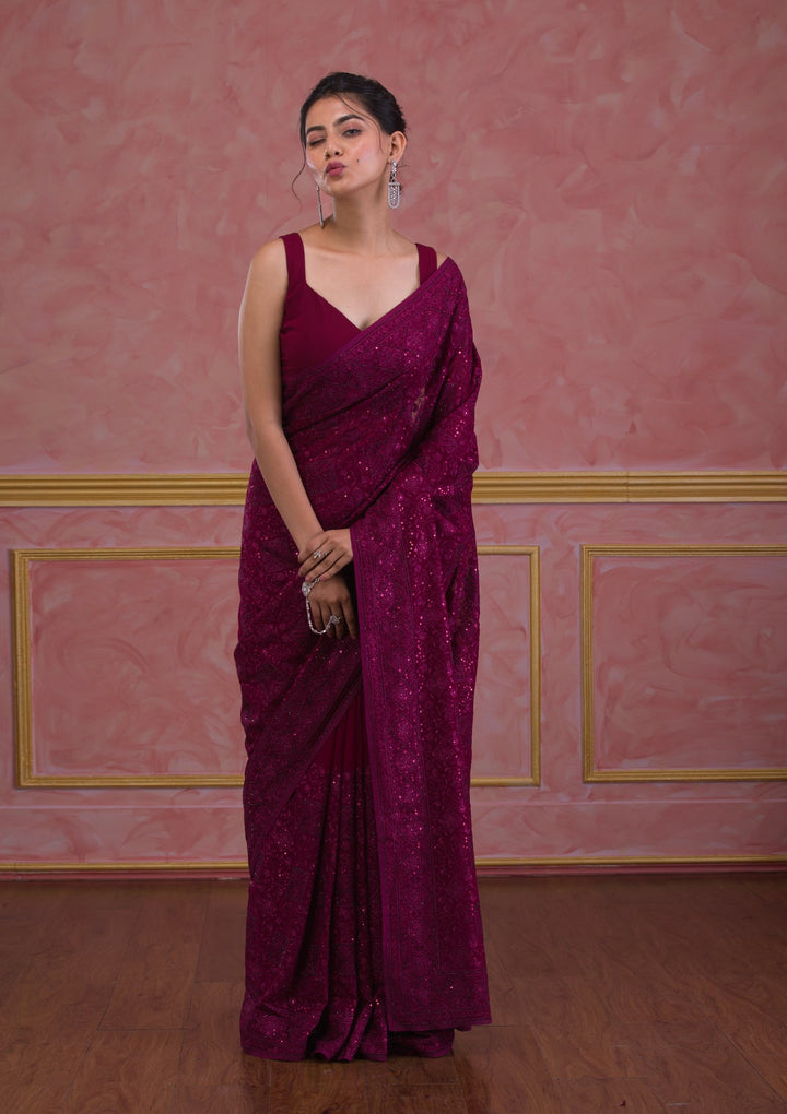 Wine Swarovski Georgette Saree-Koskii