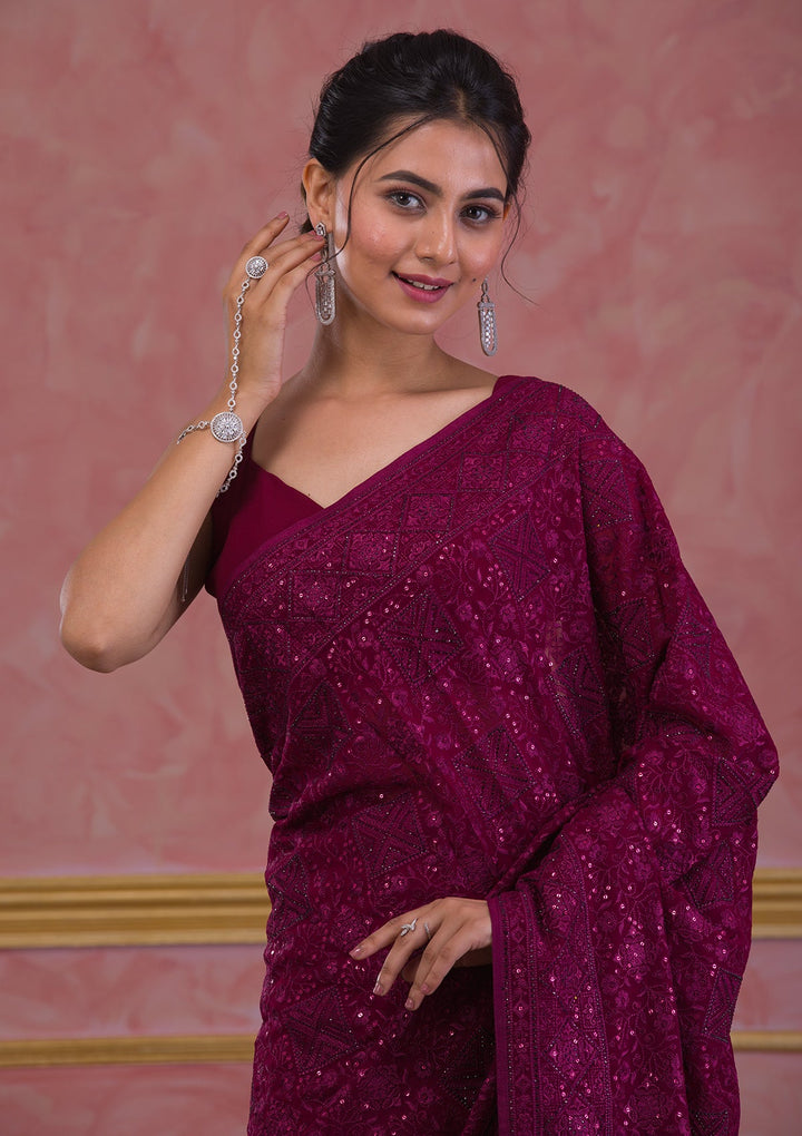 Wine Swarovski Georgette Saree-Koskii