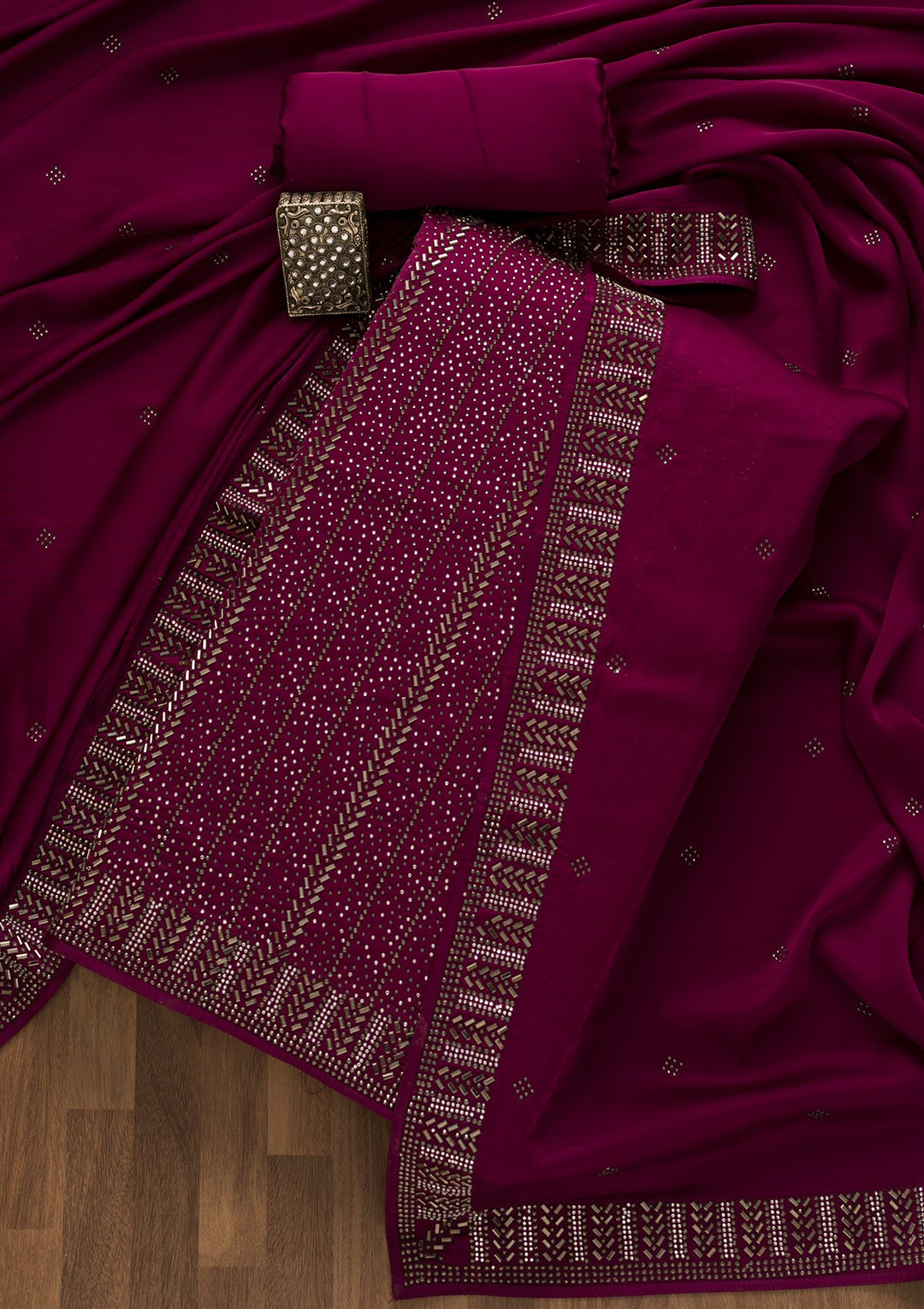 Wine Swarovski Satin Unstitched Salwar Suit-Koskii