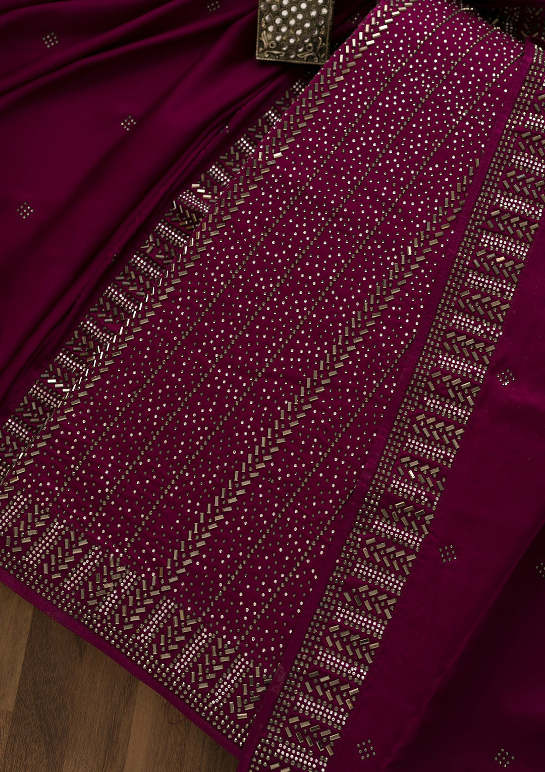 Wine Swarovski Satin Unstitched Salwar Suit-Koskii