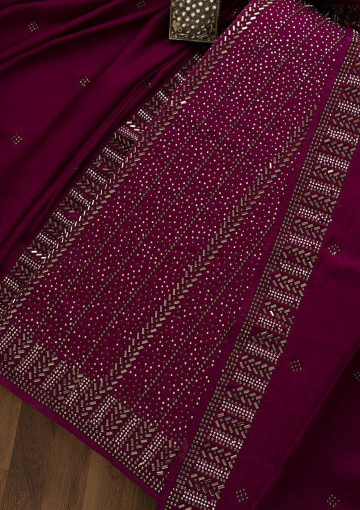 Wine Swarovski Satin Unstitched Salwar Suit-Koskii