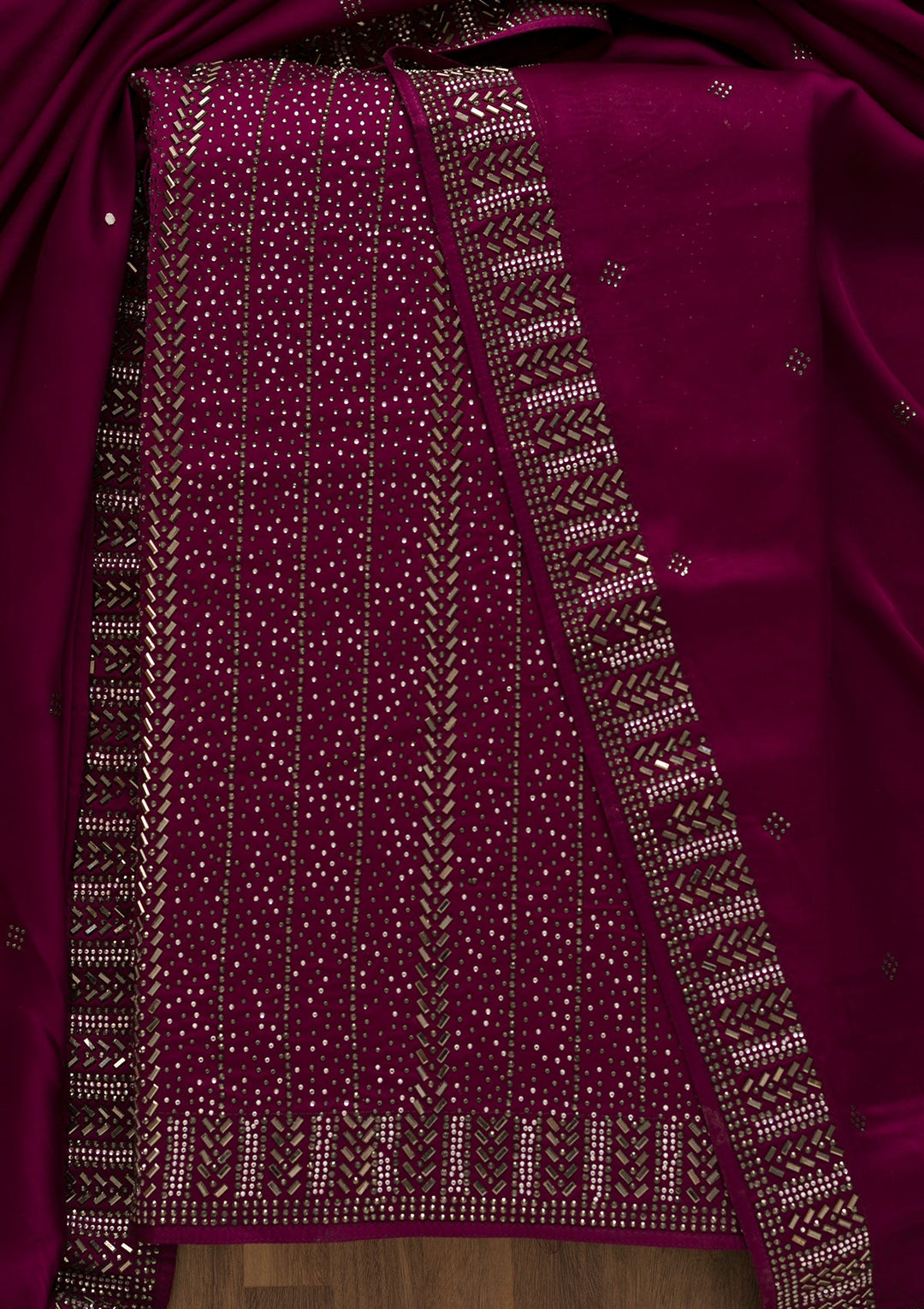 Wine Swarovski Satin Unstitched Salwar Suit-Koskii