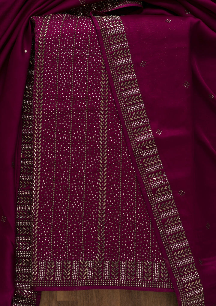 Wine Swarovski Satin Unstitched Salwar Suit-Koskii