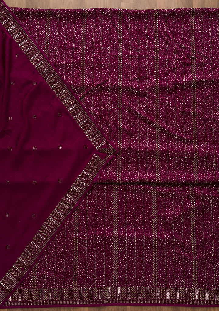 Wine Swarovski Satin Unstitched Salwar Suit-Koskii
