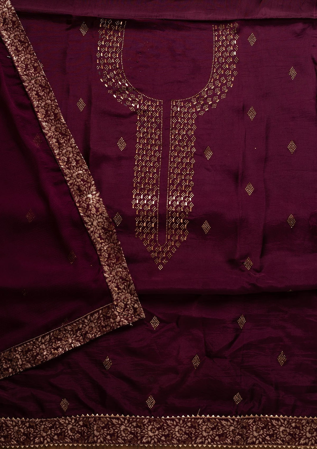 Wine Swarovski Satin Designer Unstitched Salwar Suit - koskii