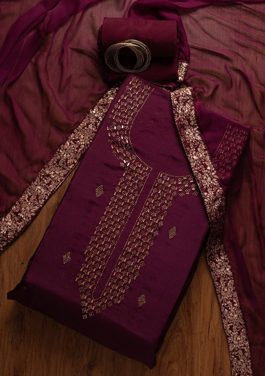 Wine Swarovski Satin Designer Unstitched Salwar Suit - koskii