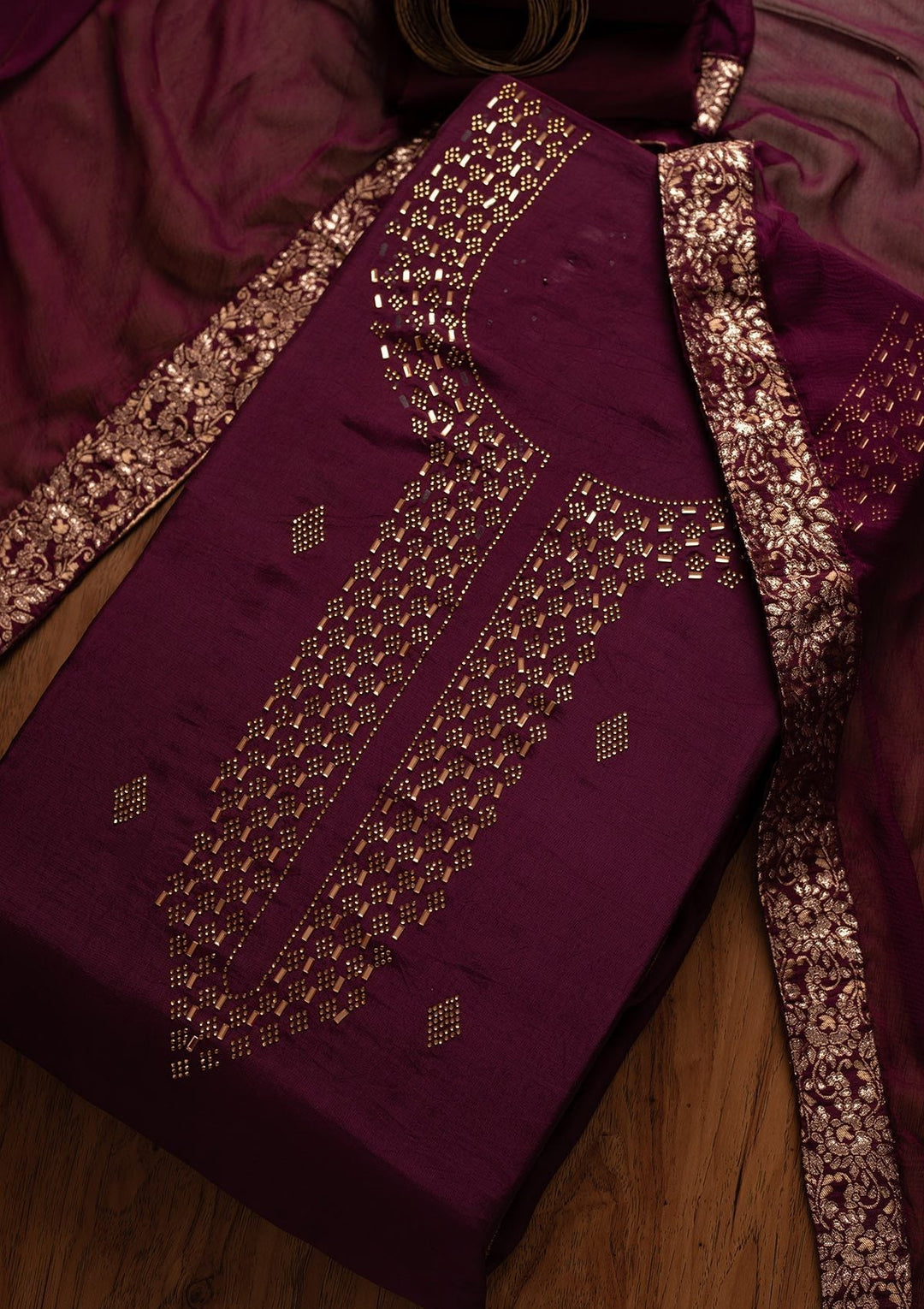 Wine Swarovski Satin Designer Unstitched Salwar Suit - koskii