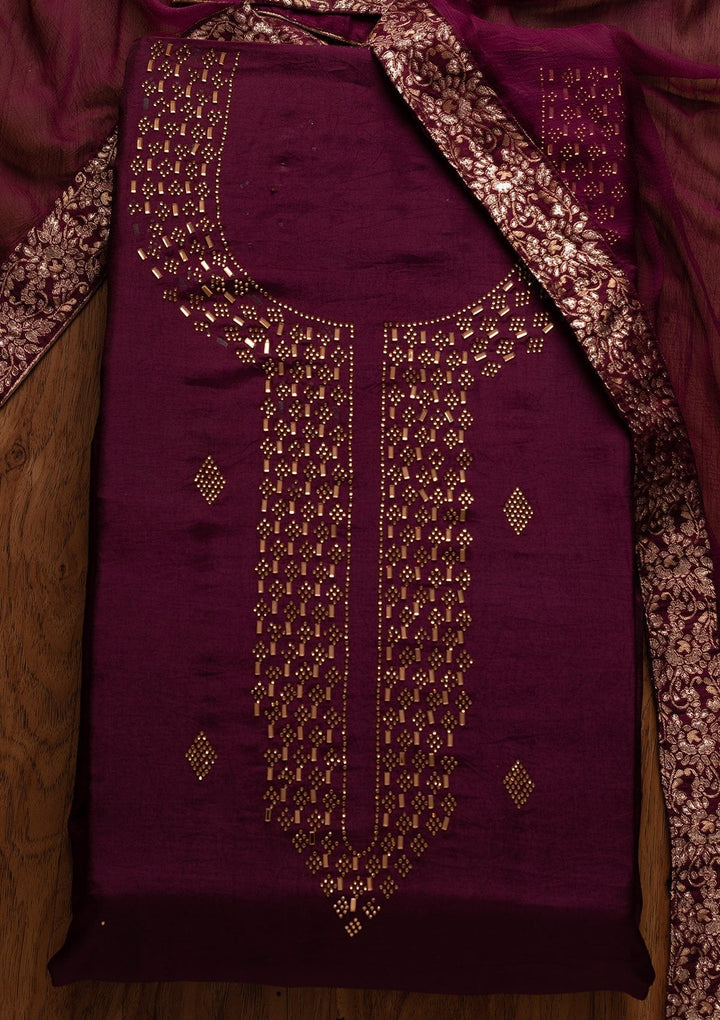 Wine Swarovski Satin Designer Unstitched Salwar Suit - koskii