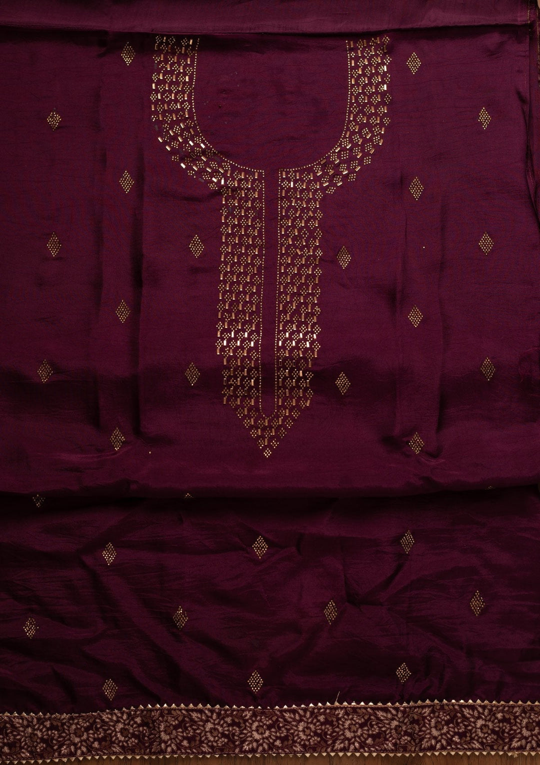 Wine Swarovski Satin Designer Unstitched Salwar Suit - koskii