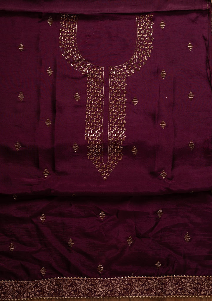 Wine Swarovski Satin Designer Unstitched Salwar Suit - koskii